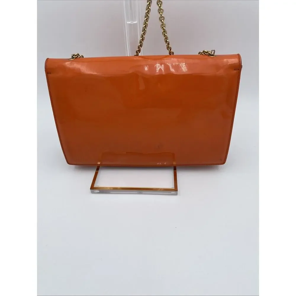 Salvatore Ferragamo Ginny Shoulder Bag Orange Patent Leather Crossbody Gold Med